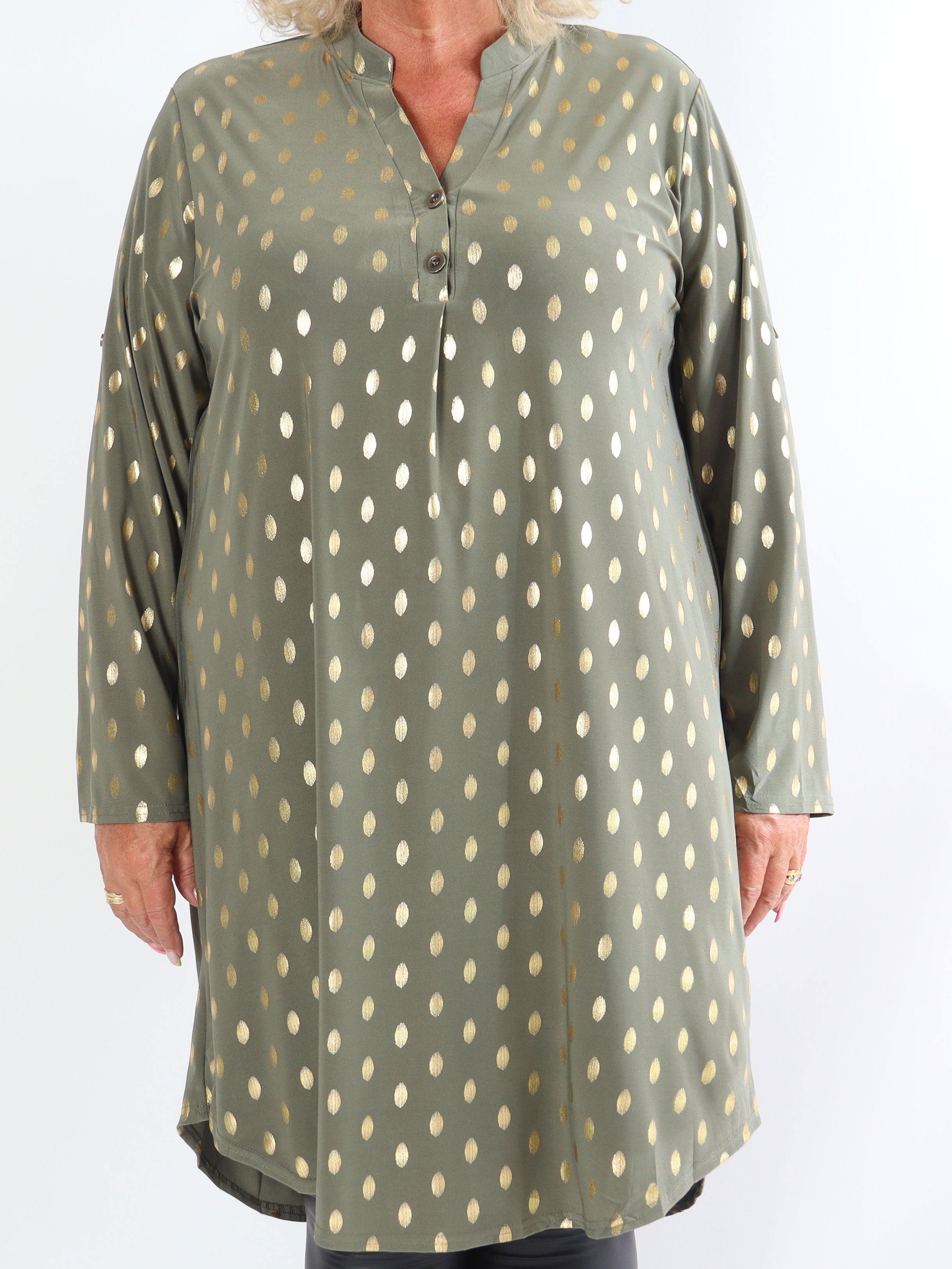 Ebba Gold Long - Elastisk plus size kjole med guld prikker